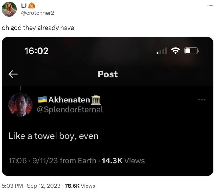 Gio Scotti Ancient Greek Towel Boy — Follow-up tweet showing SplendorEternal's Like a towel boy tweet about the soccer player