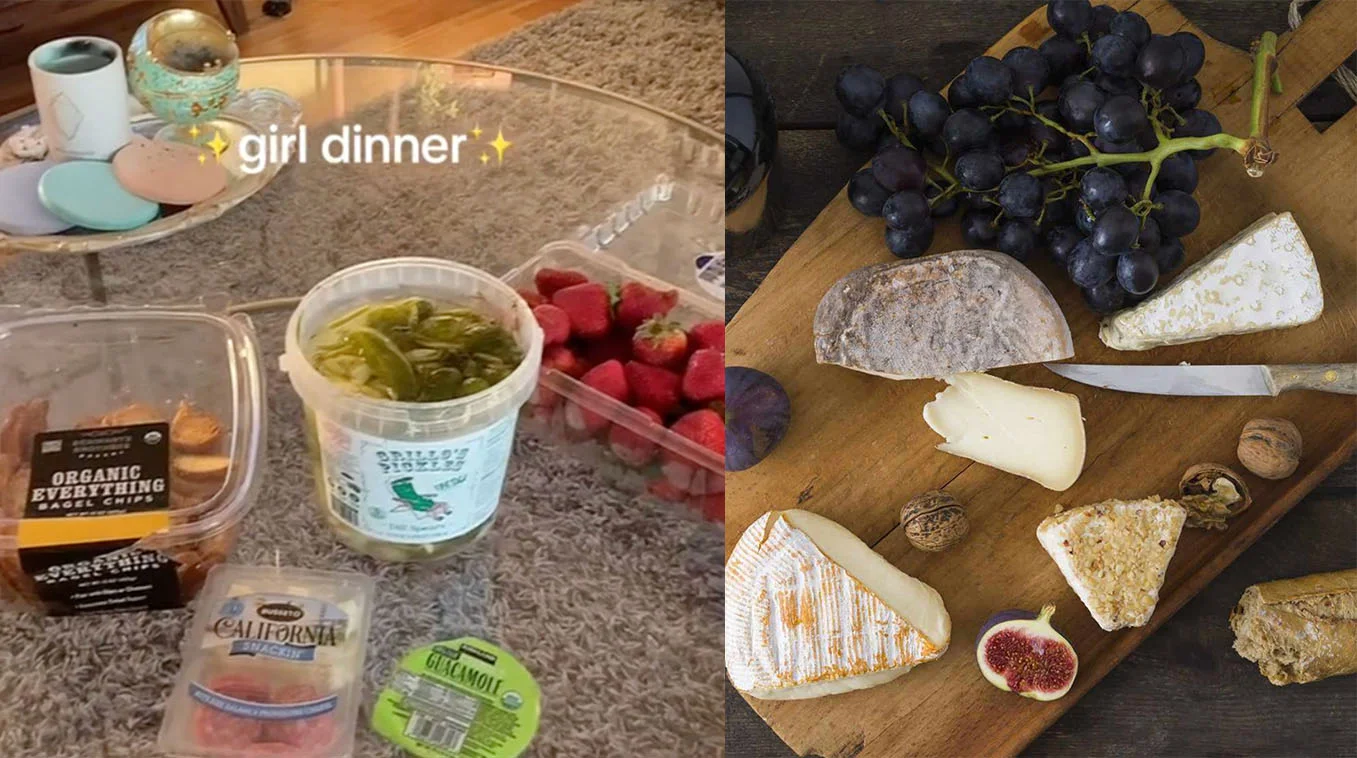 Two side-by-side photos showing quintessential Girl Dinner charcuterie-style spreads with bread, cheese, grapes, olives.