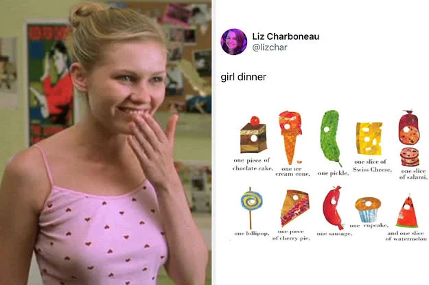 Meme collage with smiling girl and labeled diagram of Girl Dinner items including cake, ice cream, pickles, cheese.