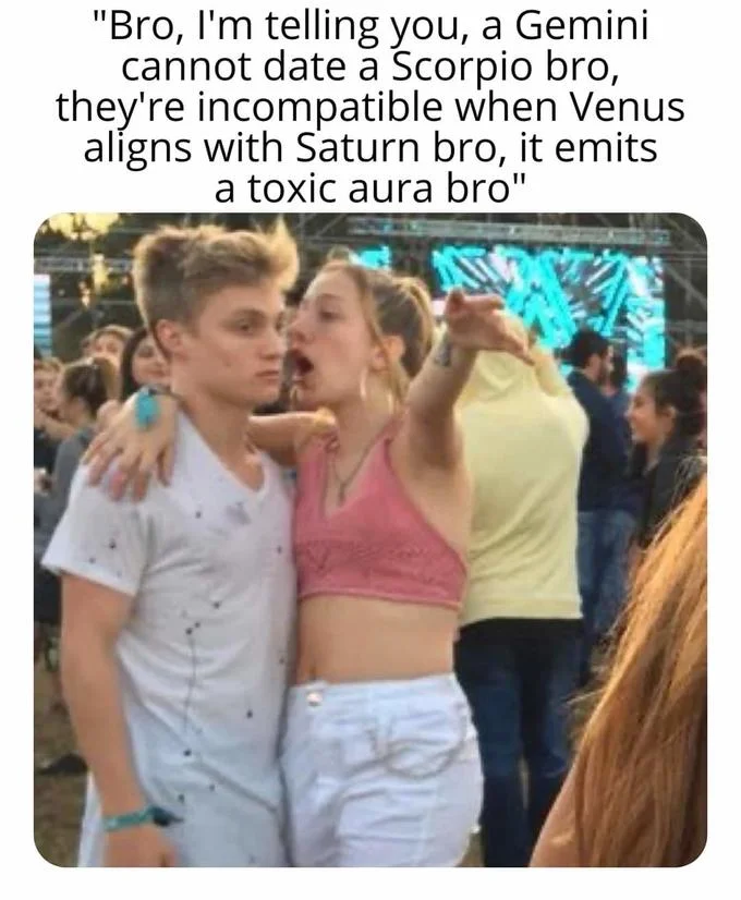 Girl explaining astrology to disinterested boyfriend at festival meme.