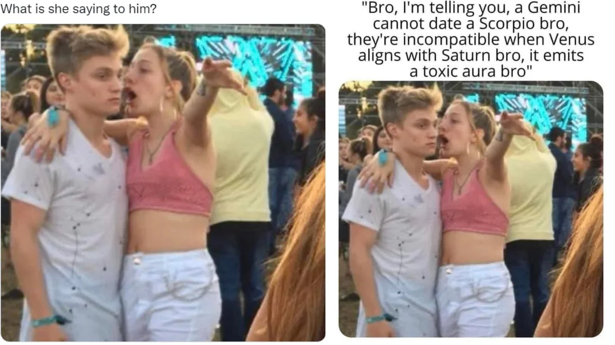 Side-by-side comparison of the original girl explaining photo and the Gemini-Scorpio astrology meme version.