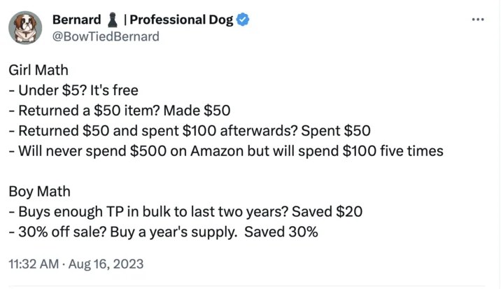 Twitter comparison of Girl Math vs Boy Math spending logic with specific examples