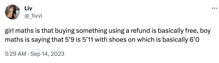 Twitter post comparing Girl Math vs Boy Math using humorous height comparison analogy