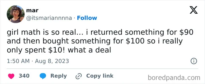 Twitter post showing Girl Math calculation: bought for $100 after returning for $90 equals $10 spent