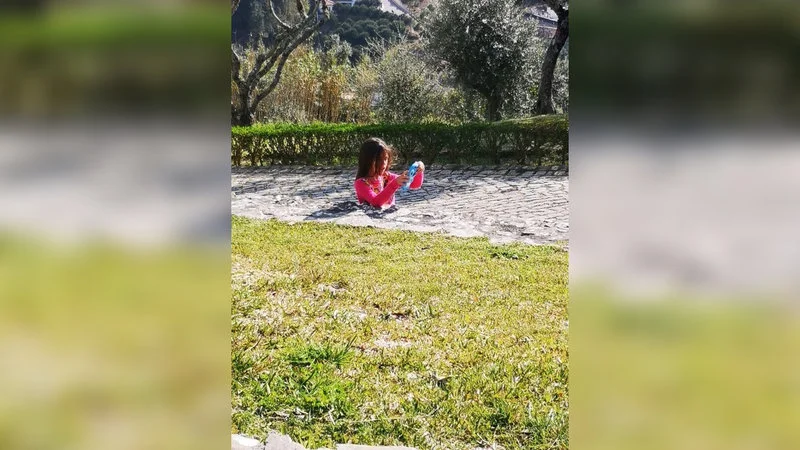 Girl Stuck In Concrete Illusion — Iconic illusion of young girl in pink top on stone path with grassy foreground creating seamless visual plane making lower