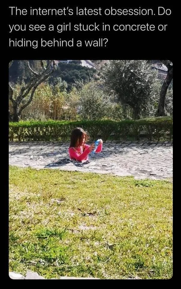 Girl Stuck In Concrete Illusion — Mobile dark mode screenshot of illusion photo with white caption text 'The internet's latest obsession. Do you see a girl