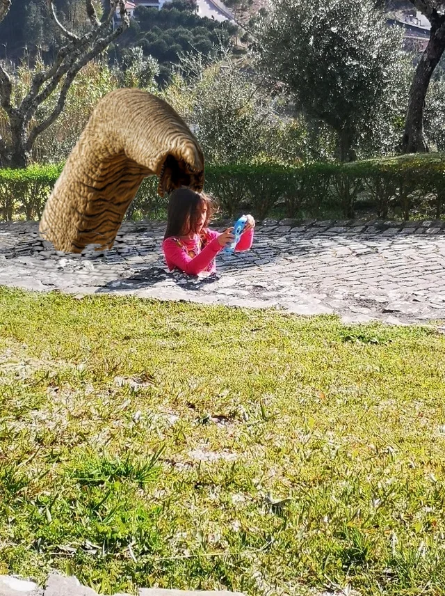 Girl Stuck In Concrete Illusion — Original illusion photo edited with photorealistic tiger lying on stone path next to girl in pink.