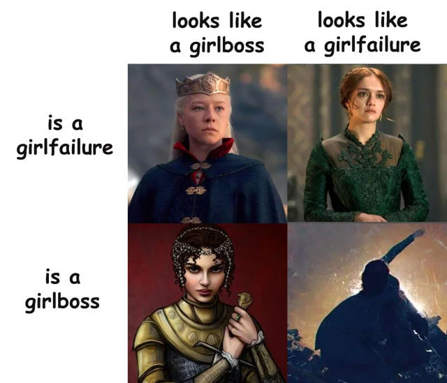 Girlfailures — Four-panel meme template comparing girlboss and girlfailure archetypes across two columns with characters.