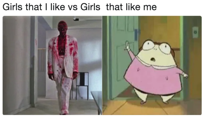 Girls That I Like Vs Girls That Like Me — Horror-themed variant with frightening masked figure on left contrasted with cartoon character on right.