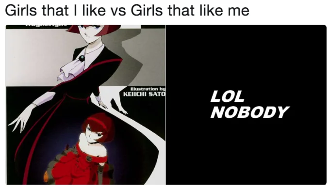 Girls That I Like Vs Girls That Like Me — Anime character variant showing elegant woman on left contrasted with 'LOL NOBODY' on black background.