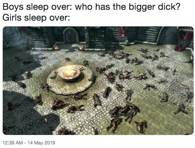 Girls Vs Boys — Sleepover meme depicting girls' sleepover as a Skyrim battlefield full of bodies