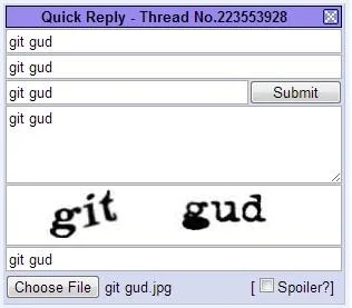 Screenshot of 4chan-style Quick Reply forum interface with 'git gud' text repeated and image attachment.