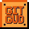Small square graphic styled like old-school arcade screen with 'GIT GUD' in chunky pixel font on orange background.