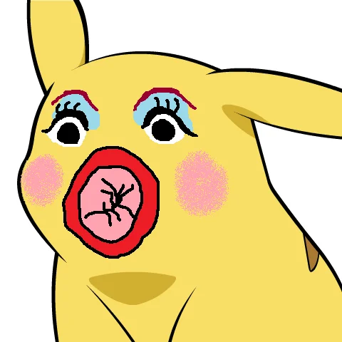Give Pikachu A Face — Pikachu with grotesque cartoon face featuring wide eyes and a large red circular screaming mouth