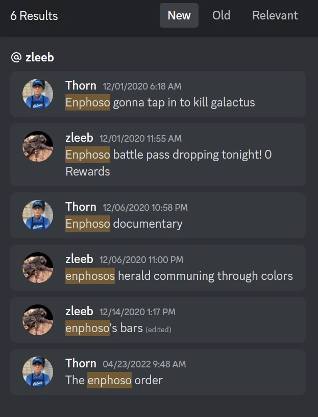 Glaggleland — Discord search results screenshot showing messages mentioning 'Enphoso'