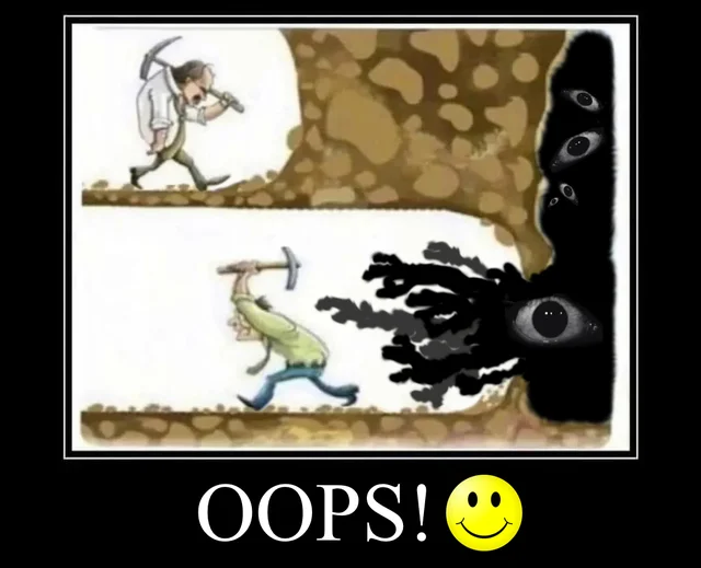 Glaggleland — Cartoon of miners releasing black eye-covered creature, captioned 'OOPS!' with smiley face