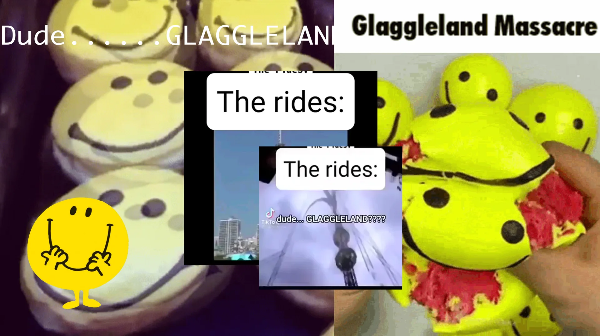 Glaggleland meme collage with smiley donuts, TikTok screenshot, and 'Glaggleland Massacre' title