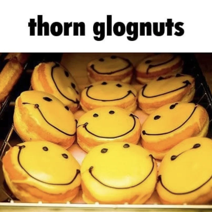 Glaggleland — Tray of yellow smiley-face donuts labeled 'thorn glognuts'