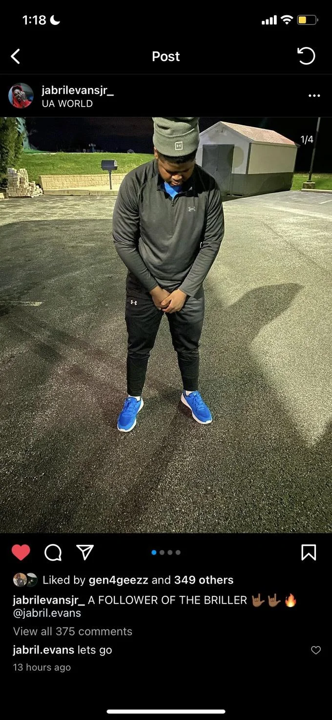 Glazing Slang — Instagram post screenshot from jabrilevansjr_ showing a young man in Under Armour outfit