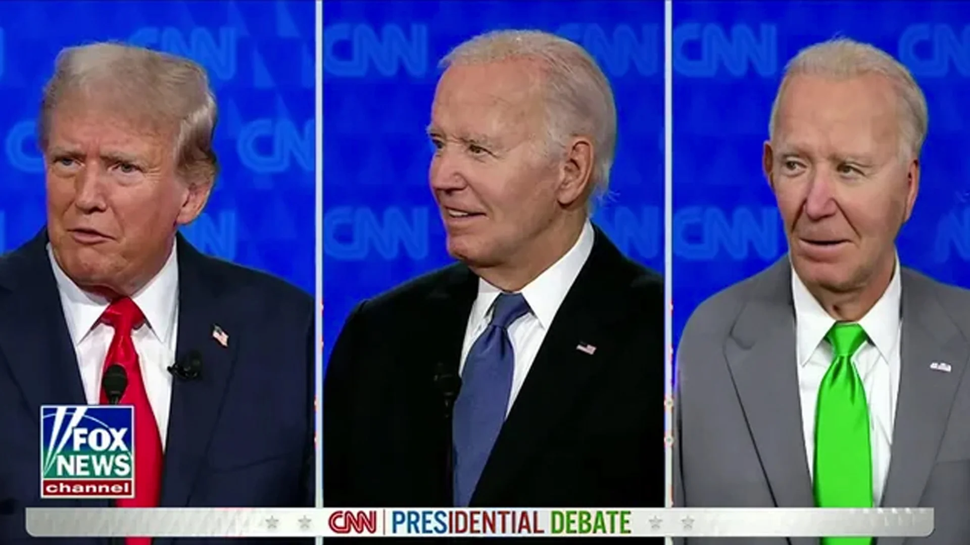 Gleeks Candidate Godfrey G Golden — CNN Presidential Debate split screen with Trump, Biden, and a green-tied third candidate