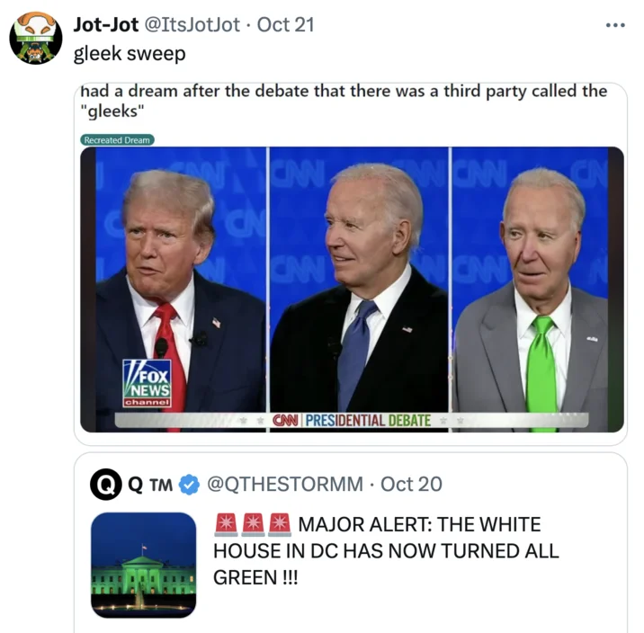 Gleeks Candidate Godfrey G Golden — Tweet captioned gleek sweep pairing the original Gleeks post with a QAnon green White House post