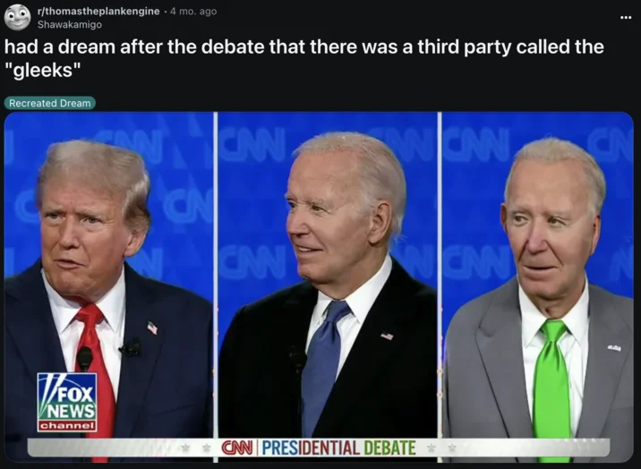 Gleeks Candidate Godfrey G Golden — Reddit post by Shawakamigo describing a dream about a third party called the Gleeks with edited debate image