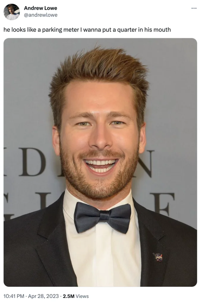 Glen Powell Capybara Face — Tweet from Andrew Lowe comparing Glen Powell's mouth to a parking meter above the viral smile photo.