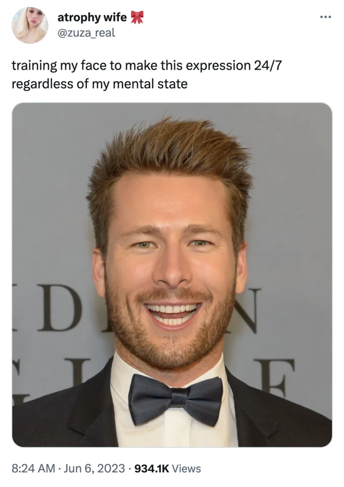 Glen Powell Capybara Face — Tweet from atrophy wife about training her face to make Glen Powell's expression 24/7 regardless of mental state.