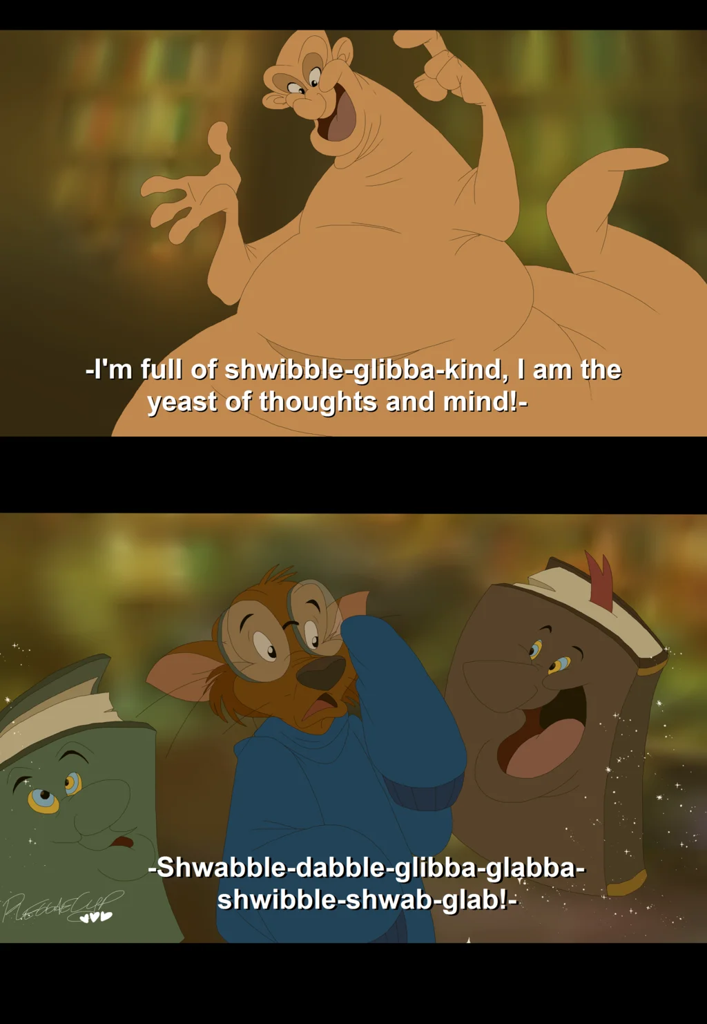 Globglogabgalab drawn in Disney Beauty and the Beast style with song lyrics