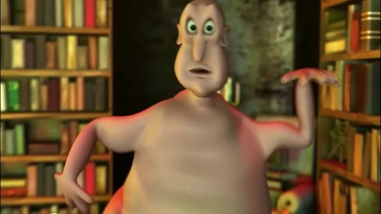 Globglogabgalab, a pink blob-shaped animated character with a human-like upper body, standing in a library with bookshelves