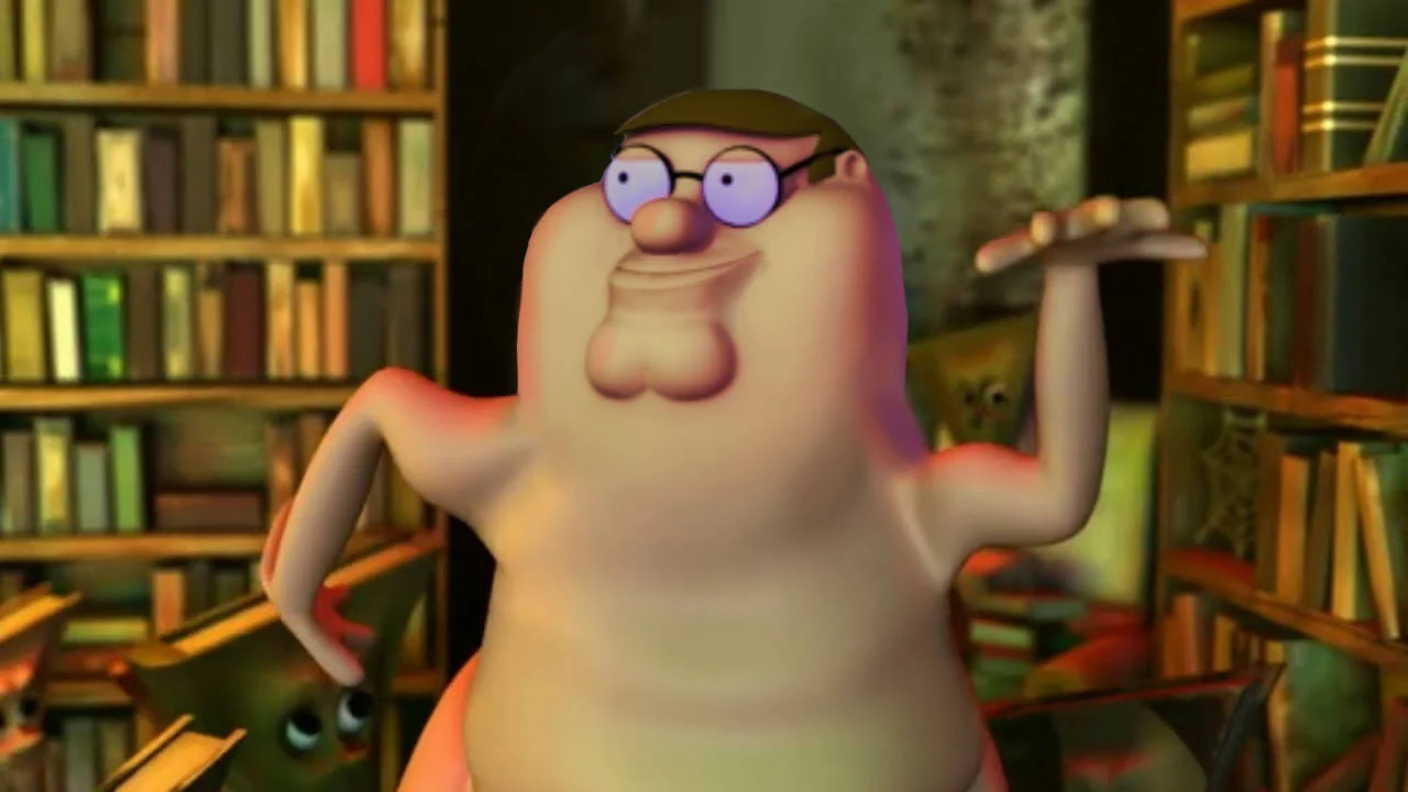 Peter Griffin face edited onto Globglogabgalab body in library setting