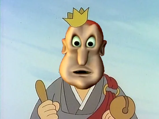 Animated character with crown and robes resembling Globglogabgalab's body type
