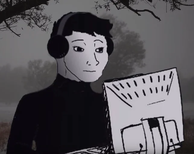 Gloomer wojak character composited into a foggy outdoor scene with trees