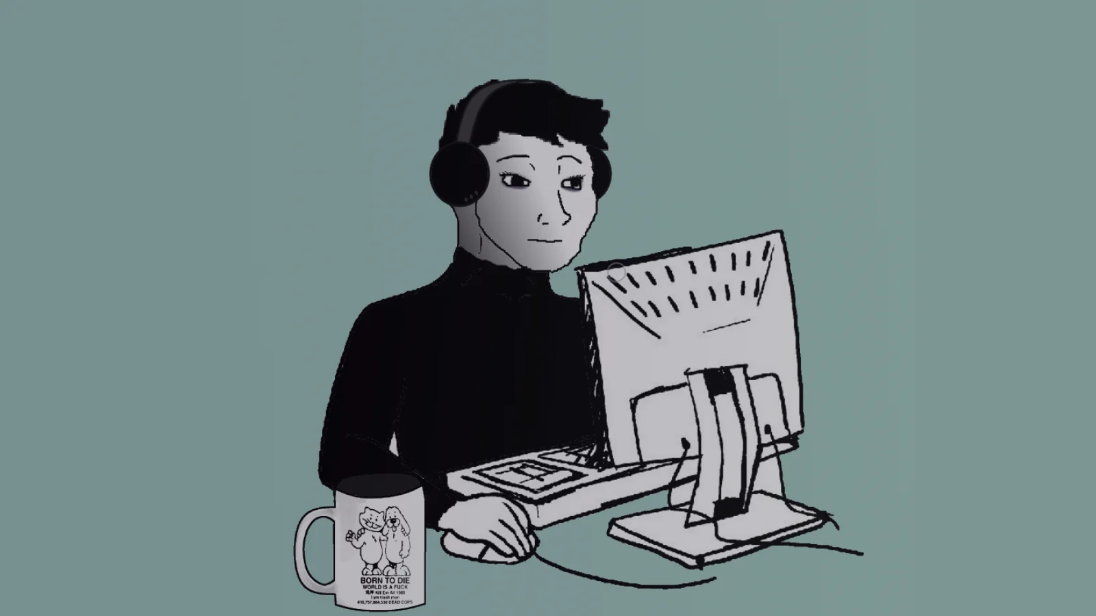Gloomer wojak character with headphones and black turtleneck at a computer with a nihilist mug