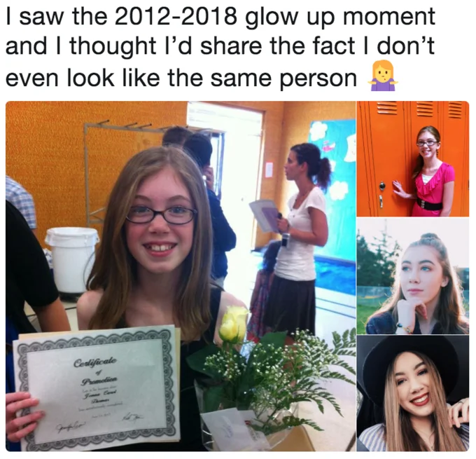 Glow Up — Multi-photo collage glow-up showing transformation from 2012-2018 with various before-and-after images