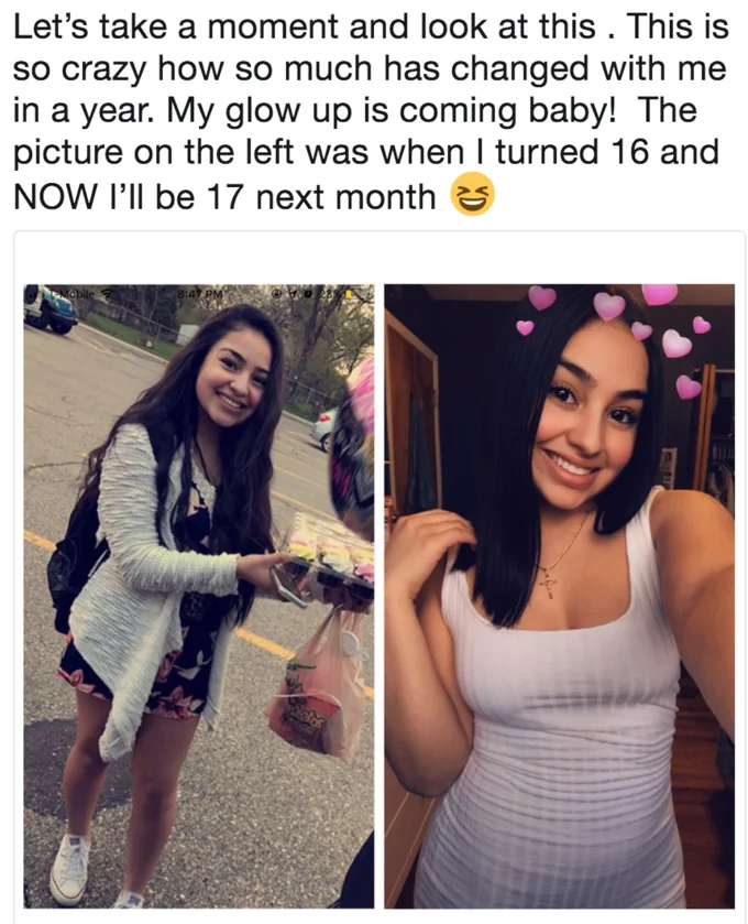 Glow Up — Teenage glow-up before-and-after showing appearance transformation between ages 16 and 17