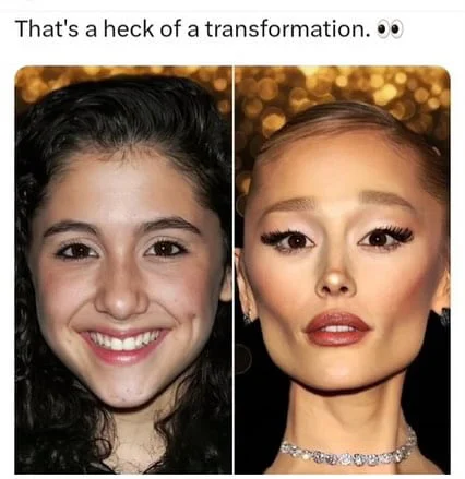Before-and-after side-by-side personal transformation showing dramatic makeup and styling glow up