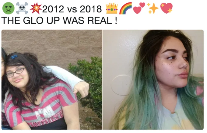 Glow Up — Glow-up before-and-after transformation from 2012-2018 showing dramatic appearance improvement