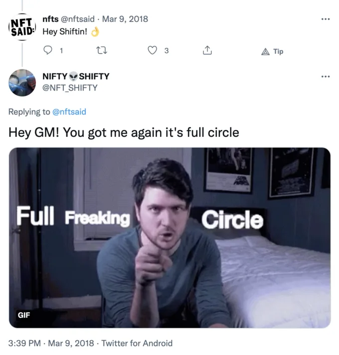 2018 tweet exchange between NFT accounts using 'Hey GM' greeting with a Full Circle reaction GIF