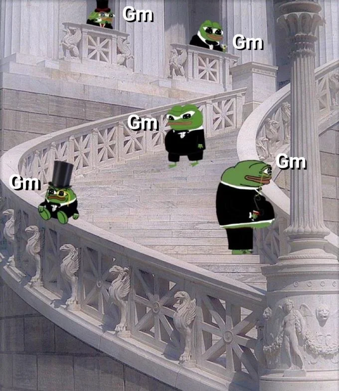 Suited Pepe the Frogs labeled Gm standing on an ornate marble staircase