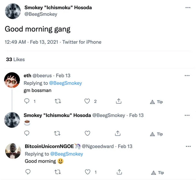 Twitter thread with Good morning gang tweet and gm bossman reply