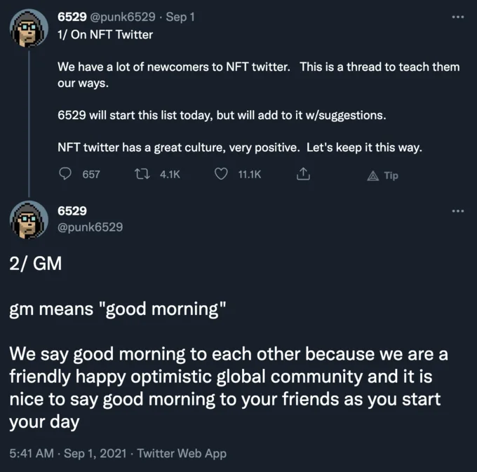 Twitter thread by punk6529 defining GM as good morning in NFT Twitter culture