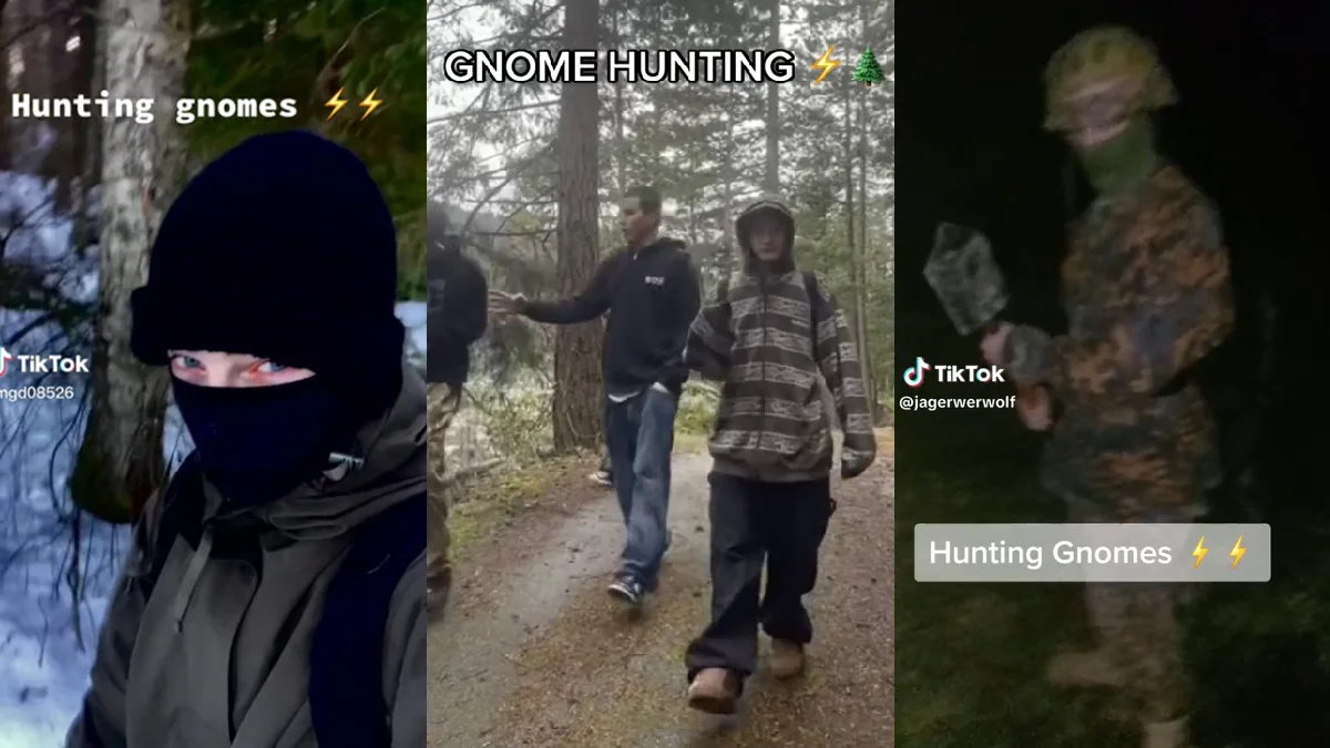 Gnome Hunting — Three-panel collage of TikTok videos showing masked and camouflaged youths in forests with 'Hunting gnomes' captions.