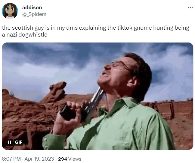 Tweet by @_Spidem about the TikTok gnome hunting trend being described as a Nazi dogwhistle, with reaction GIF.