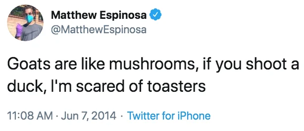 Tweet by Matthew Espinosa posting complete 'Goats are like mushrooms' copypasta on Twitter.