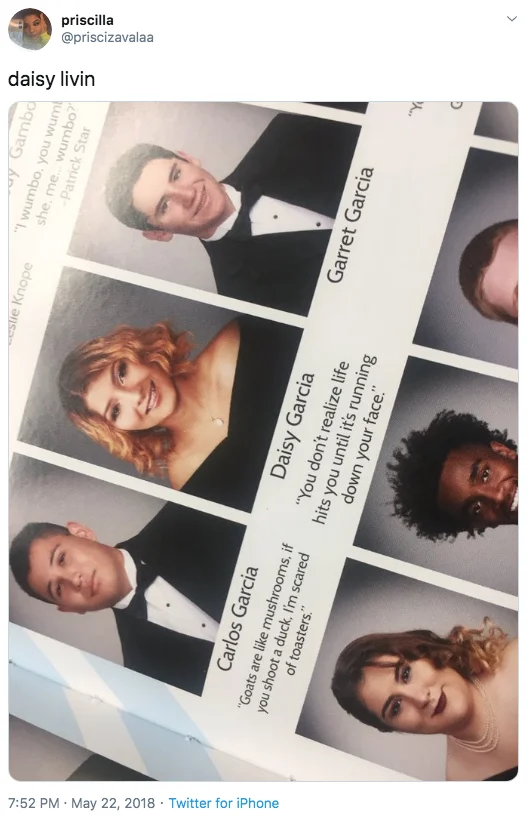 Tweet showing yearbook spread with student Carlos Garcia choosing 'Goats are like mushrooms' as senior quote.