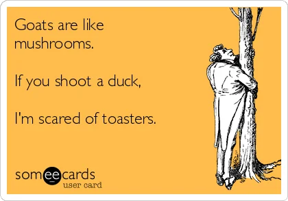 Goats Are Like Mushrooms — Someecards-formatted greeting card with copypasta text and vintage black-and-white illustration.