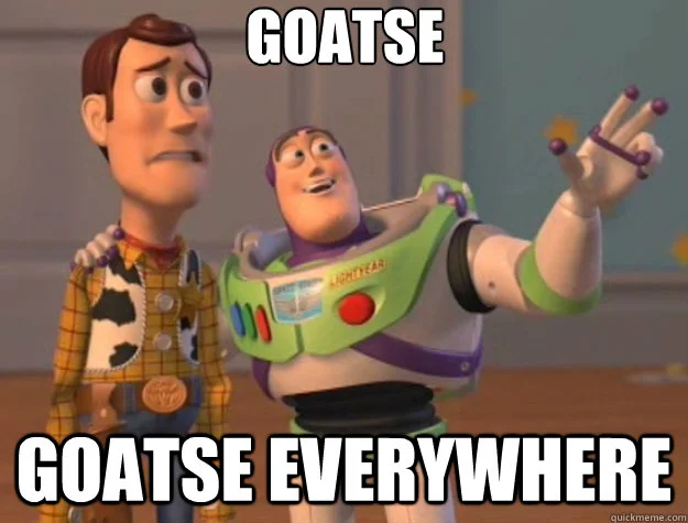 Toy Story meme with 'GOATSE EVERYWHERE' caption referencing the Goatse meme