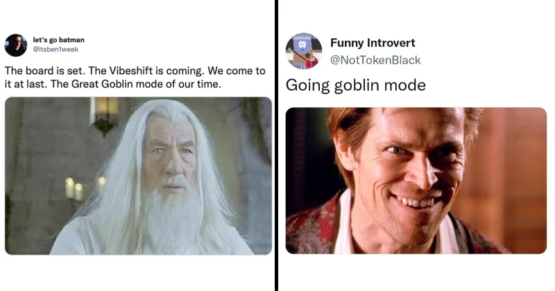 Split-panel meme contrasting formal language about goblin mode with casual response.