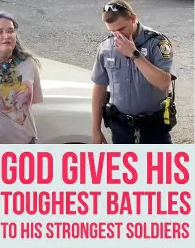 God Gives His Hardest Battles To His Strongest Soldiers — Police officer looking exasperated with woman in colorful attire, bold pink text 'GOD GIVES HIS